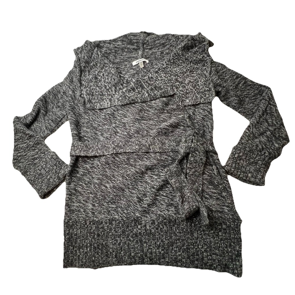 DKNYC Wrap Black/Gray Marl Knit Cardigan Sweater Long Back Tie Front XS/S